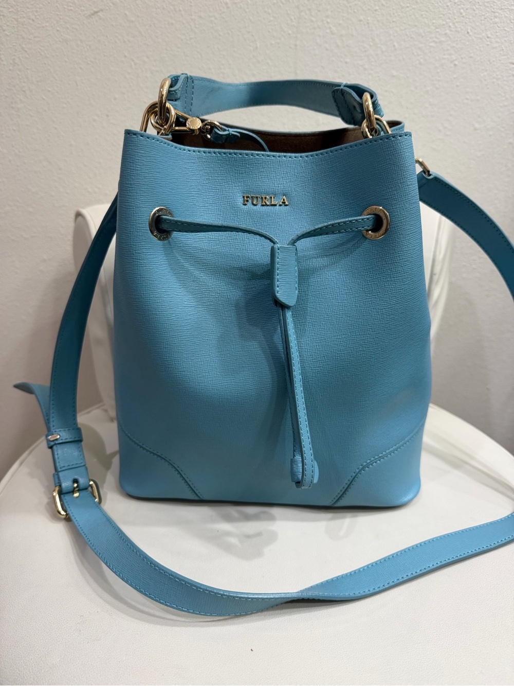Furla Light Blue Leather Drawstring Bucket Crossbody